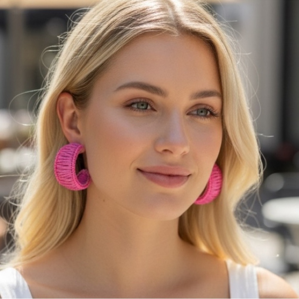 On 34th Pink Beaded Raffia Hoop Earrings NEW